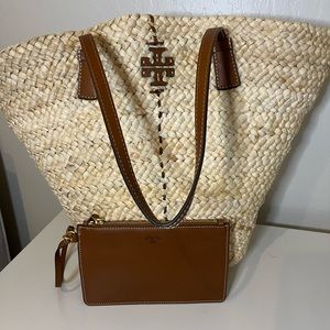 Tory Burch Straw Beach Bag with leather wristlet accessory